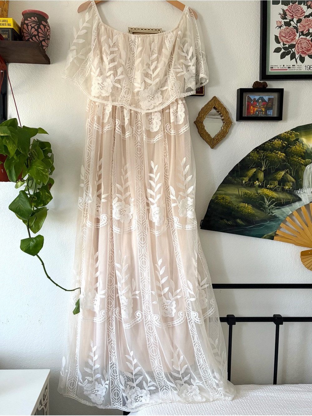 Boho Leon Off-Shoulder Lace Overlay Maxi Dress in Cream Bump Friendly Large
